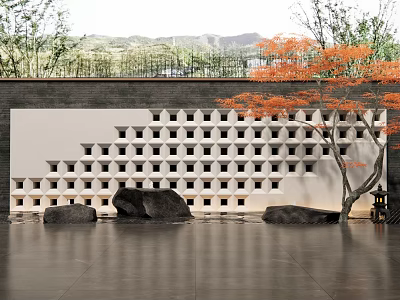 Feature Wall Design With Hollow Grid Pattern And Stone Ornaments Near Orange Leaf Tree 3d model