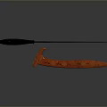 Ancient Weapons Featuring Black Curved Blade With Decorative Handle And Red Dagger With Carved Patterns