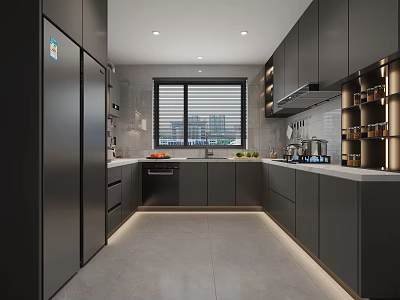 Modern Kitchen Interior With Dark Cabinets White Countertop Appliances And City View Window 3d model