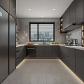 Modern Kitchen Interior With Dark Cabinets White Countertop Appliances And City View Window