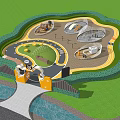 Family Friendly Community Park With Green Lawns Curved Pathways Play Areas And Orange Entrance