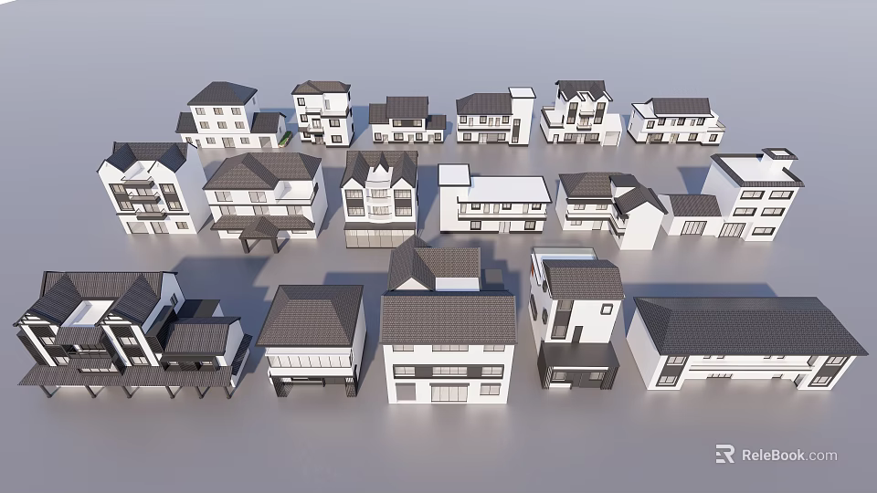 Various House Models With Different Architectural Styles And Roof Designs 3d model