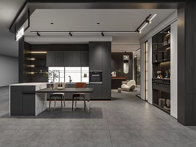 Modern Open Concept Kitchen Interior With Gray Cabinets Island Dining Table And Lighting 3d model