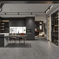 Modern Open Concept Kitchen Interior With Gray Cabinets Island Dining Table And Lighting 3d model