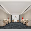 Hotel Public Lounge Area With Red Flags Beige Sofas And Elegant Carpet Design 3d model