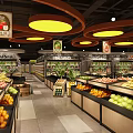 Supermarket Grocery Fresh Produce Display With Neatly Arranged Fruit Vegetable Shelves And Pendant Lights