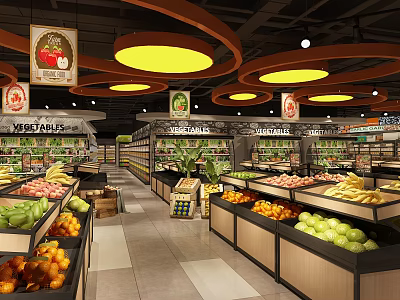 Supermarket Grocery Fresh Produce Display With Neatly Arranged Fruit Vegetable Shelves And Pendant Lights 3d model