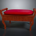 Classic Wooden Bench With Red Padded Cushion Curved Armrests And Intricate Carvings Design