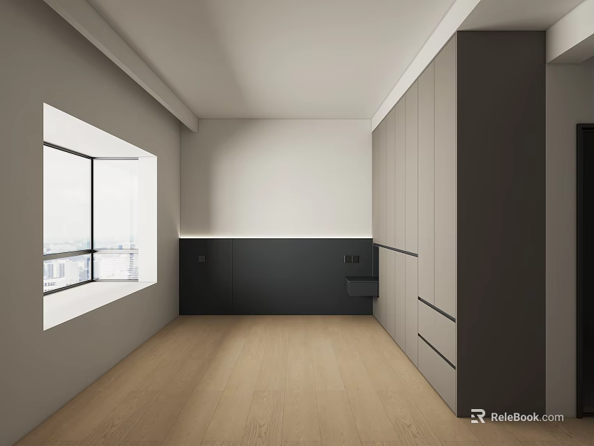 Modern Dark Gray Wardrobe Interior Design With Large Window And Wooden Floor 3d model 