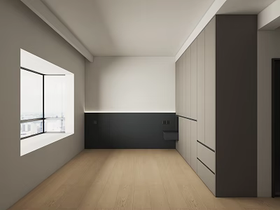 Modern Dark Gray Wardrobe Interior Design With Large Window And Wooden Floor 3d model