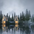 Scenic Forest Surrounded Waterfront With Luxury Villas And Boats On Lake