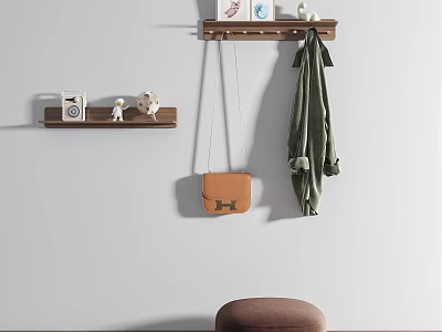 Wall Hooks Holding Brown Bag Green Coat Wooden Shelf Small Decorations And Brown Stool 3d model