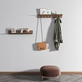 Wall Hooks Holding Brown Bag Green Coat Wooden Shelf Small Decorations And Brown Stool