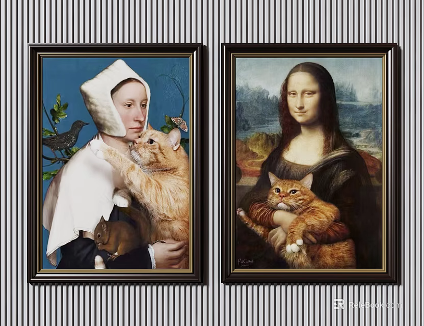 Framed Classic Art Portraits of Women Holding Cats Including Mona Lisa 3d model 