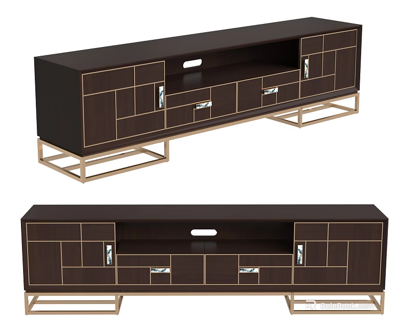 Modern Dark Wood TV Stand With Metal Frame Drawers And Cabinet Doors For Living Room 3d model 