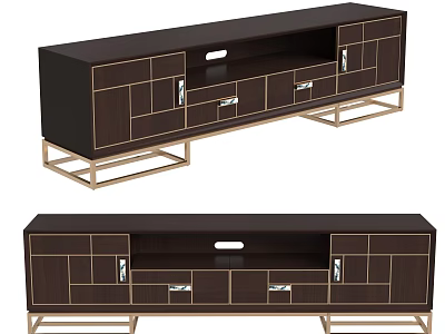Modern Dark Wood TV Stand With Metal Frame Drawers And Cabinet Doors For Living Room 3d model