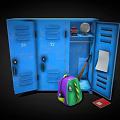 Blue Lockers With Open Doors Mirror Plates Backpack Red Card And White Paper