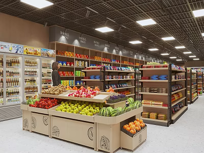 Supermarket Store Interior With Fresh Fruit Displays Shelves And Refrigerated Products 3d model