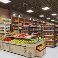 Supermarket Store Interior With Fresh Fruit Displays Shelves And Refrigerated Products