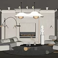 Modern Luxury Living Room Interior Featuring White Sofa Round Carpet Fireplace And Pendant Light