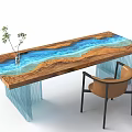 Modern Tea Table and Chair with Wooden Top Blue Resin Design and Brown Seat