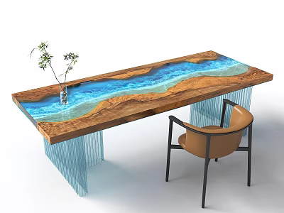 Modern Tea Table and Chair with Wooden Top Blue Resin Design and Brown Seat 3d model