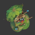 Cartoon Scene Of A Shop Cart With Leaf Roof Clay Pots Small Decorations Green Grass