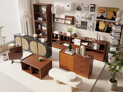 Wooden Decorative Cabinets in Cozy Home Interior with Bookshelves and Decorative Ornaments 3d model