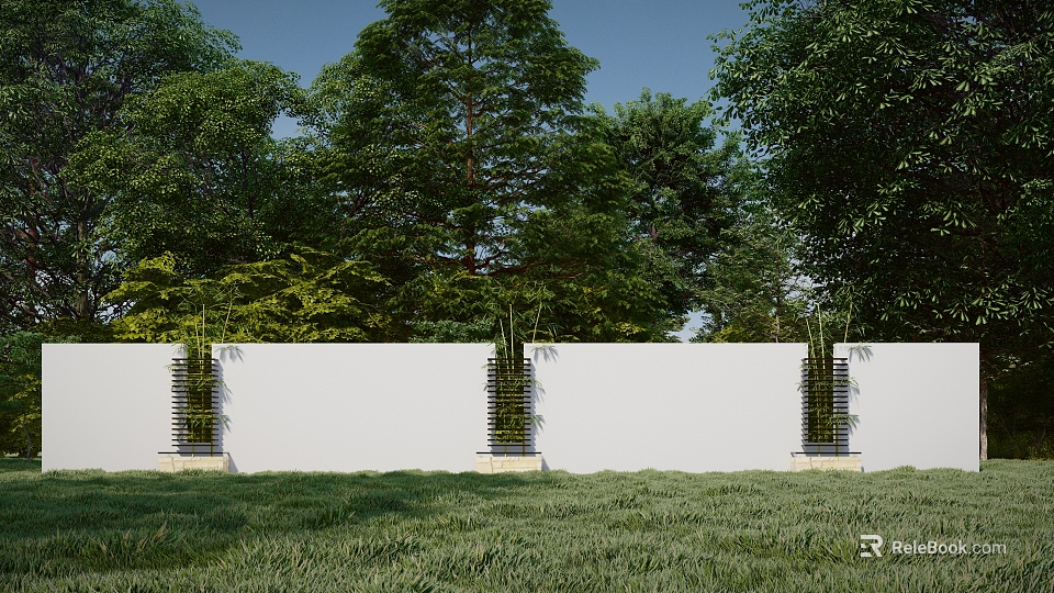 Modern White Garden Feature Wall With Vertical Greenery And Lush Trees In Lawn 3d model 