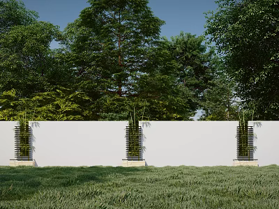 Modern White Garden Feature Wall With Vertical Greenery And Lush Trees In Lawn 3d model