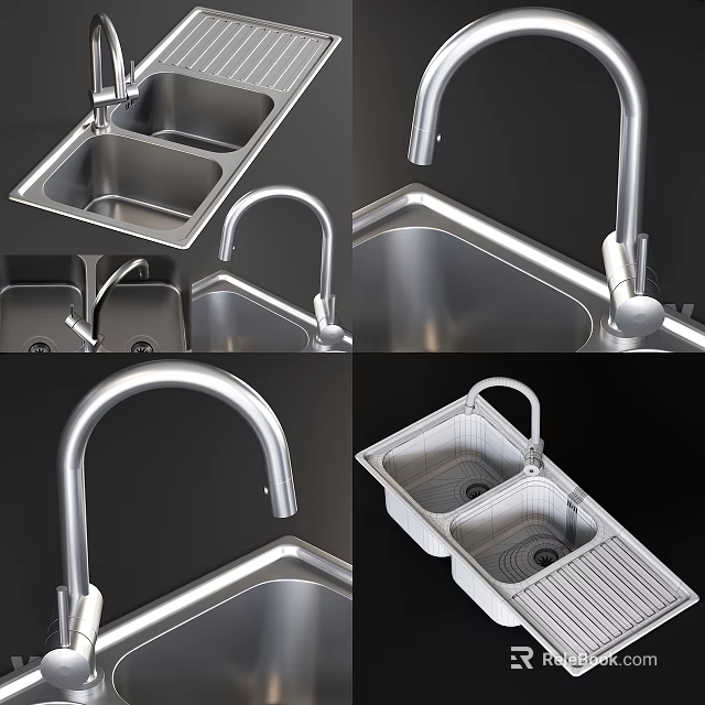 Stainless Steel Kitchen Sink With Double Bowl Faucet And Drainboard Design 3d model 