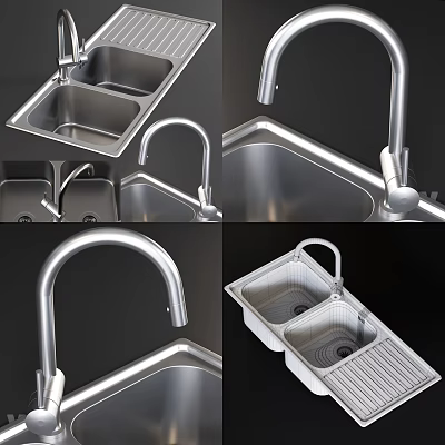 Stainless Steel Kitchen Sink With Double Bowl Faucet And Drainboard Design 3d model