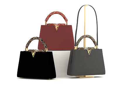Stylish Red And Black Handbags With Patterned Handles And Golden Metal Clasps 3d model