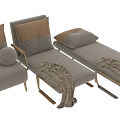 Modern Checkered Chaise Lounge With Brown Leather Pillows Metal Legs And Throw Blanket