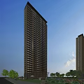 Modern High Rise Residential Buildings Exterior With Blue Sky And Green Plants