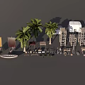 Commercial Street Scene With Multiple Buildings Red Roofs Palm Trees And Vehicles