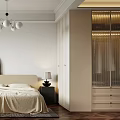 Modern Bedroom Interior With Wooden Wardrobe Open Shelving Storage For Clothes And Bags Brown Flooring