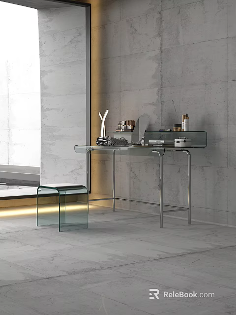 Modern Glass Dressing Table With Stool And Decorative Items In Minimalist Interior 3d model 