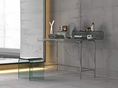 Modern Glass Dressing Table With Stool And Decorative Items In Minimalist Interior 3d model