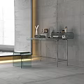 Modern Glass Dressing Table With Stool And Decorative Items In Minimalist Interior