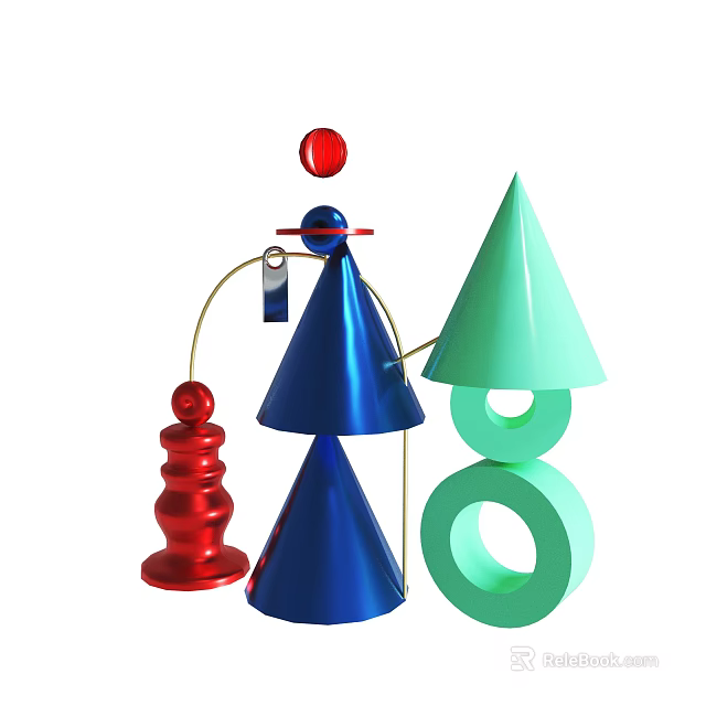 Vibrant Geometric Sculptures with Red Sphere Blue Cones and Green Rings 3d model 