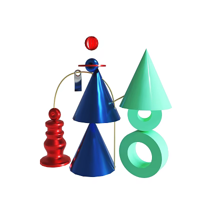 Vibrant Geometric Sculptures with Red Sphere Blue Cones and Green Rings 3d model