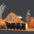 Modern Exhibition Display Setup With Orange Stand White Models And Information Panels 3d model