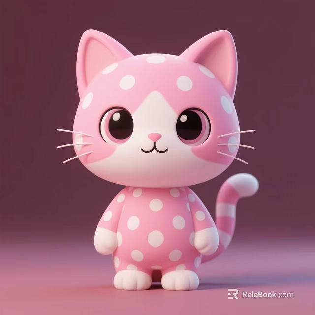 Adorable Pink Polka Dot Cartoon Cat Doll With Big Eyes White Belly Tail 3d model 