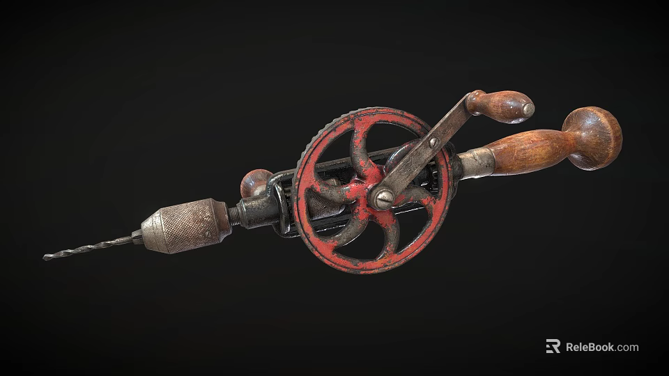 Vintage Hand Cranked Drill Hardware Tool With Red Wheel Wooden Handle And Metal Parts 3d model 