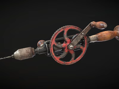 Vintage Hand Cranked Drill Hardware Tool With Red Wheel Wooden Handle And Metal Parts 3d model