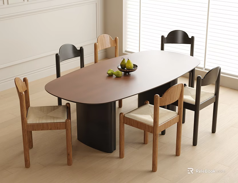 Modern Oval Brown Dining Table With Upholstered Chairs And Fruit Bowl On Light Wood Floor 3d model 