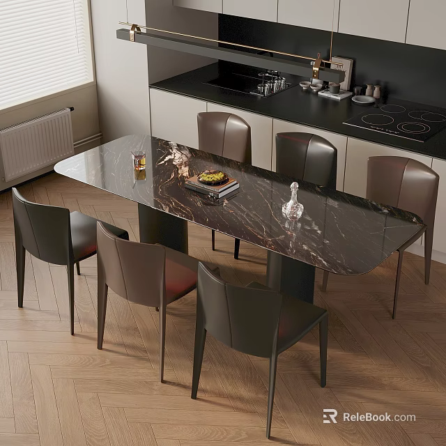 Modern Dining Table Set With Marble Top Six Leather Chairs And Kitchen Cabinets 3d model