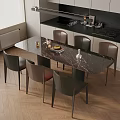 Modern Dining Table Set With Marble Top Six Leather Chairs And Kitchen Cabinets 3d model
