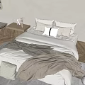 Modern Double Bed Interior With Neutral Tones Soft Blanket Pillows Area Rug And Wooden Floor